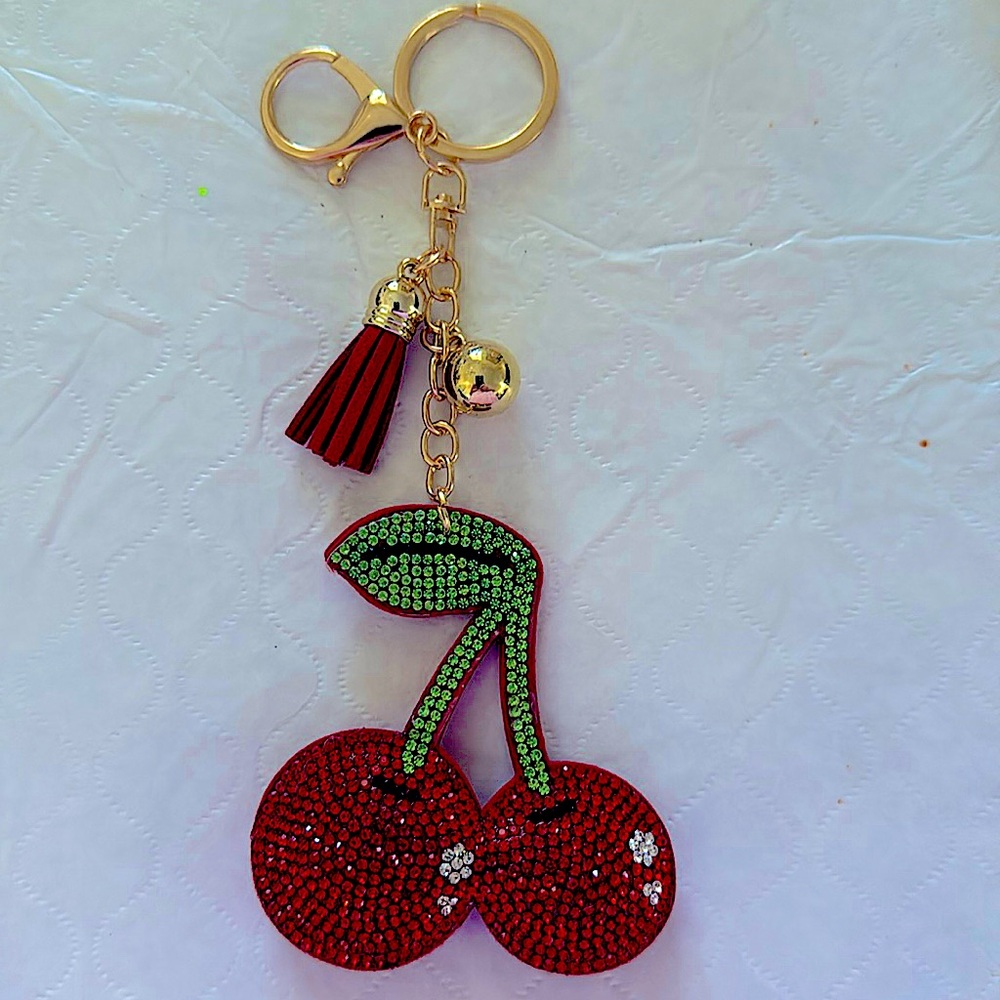 Rhinestone bling, crystal bag, charm keychain, super cute for purse. Cherries.